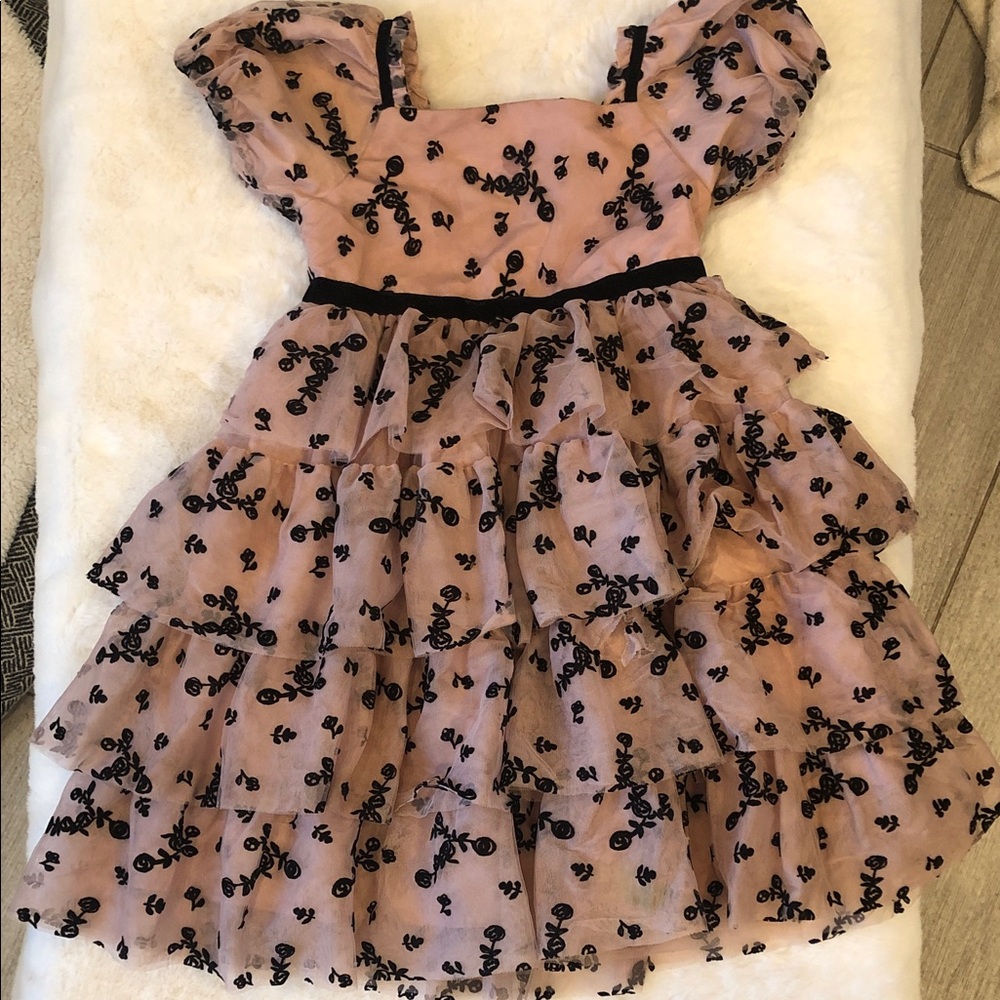 Prima Biscotti Girls Beige Tiered Tulle Dress W Blk Velvet Floral Girls Size 7